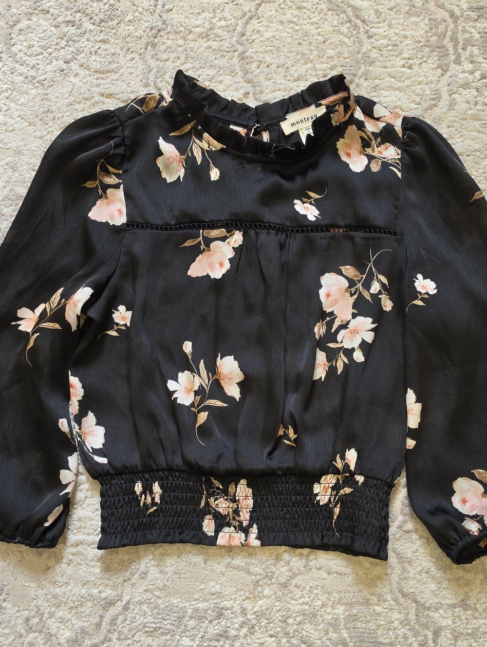 Monteau Black Floral Ruffle-Neck Smocked-Waist Blouse
